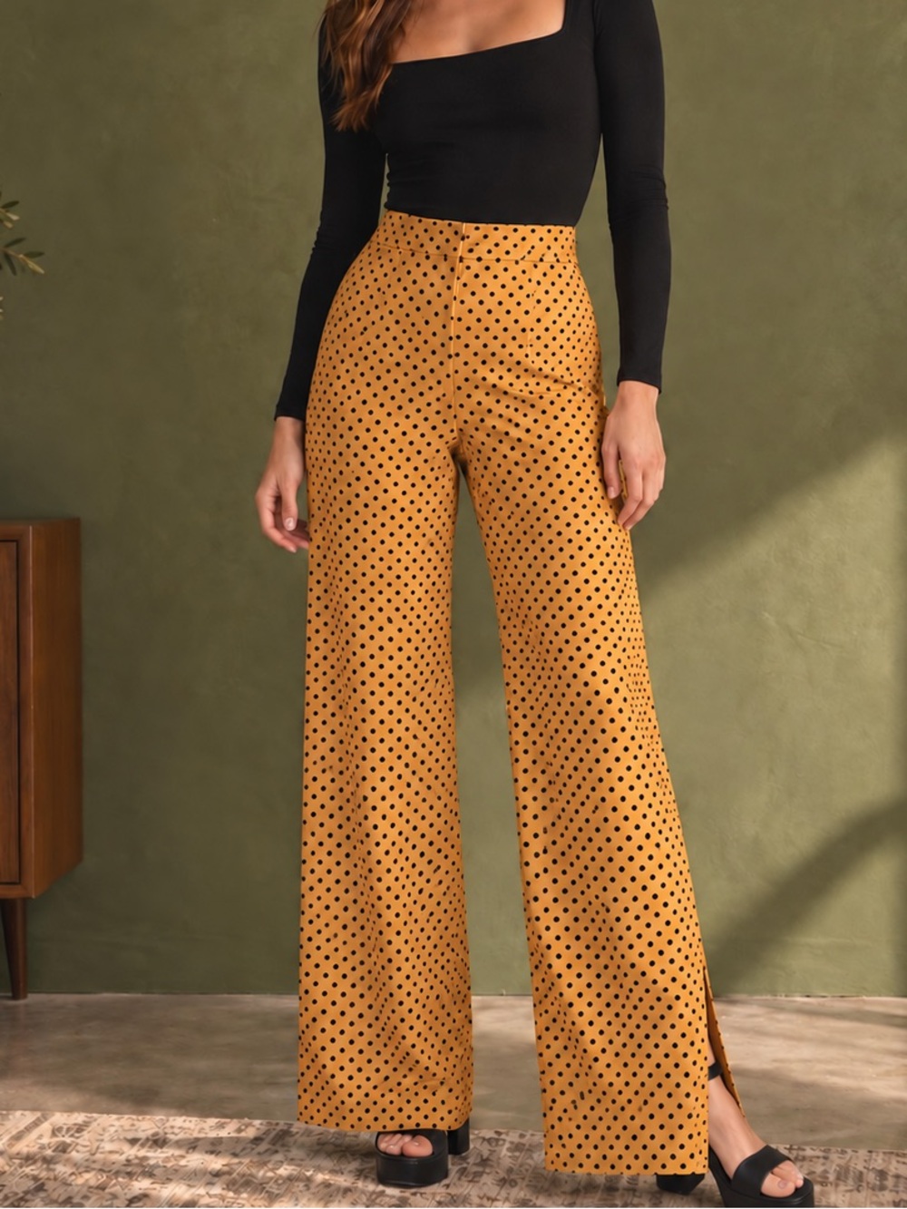 Zara TRF Mustard Polka Dot Palazzo Wide High Rise Leg Pants Small Retro 70s